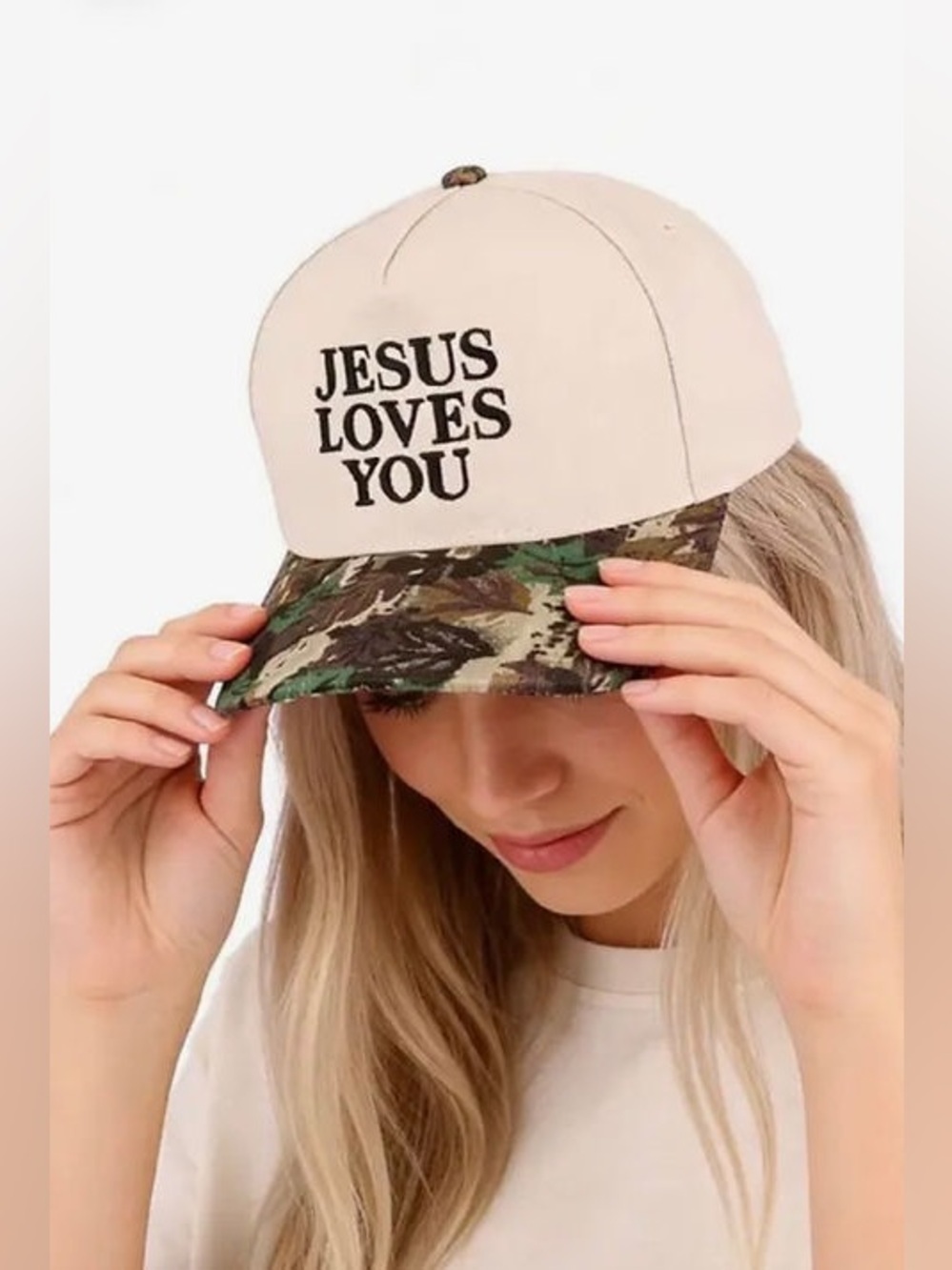 New Zenana Jesus Loves You Hat Dark Forest Camo Faith Cap Beige Trucker Hat